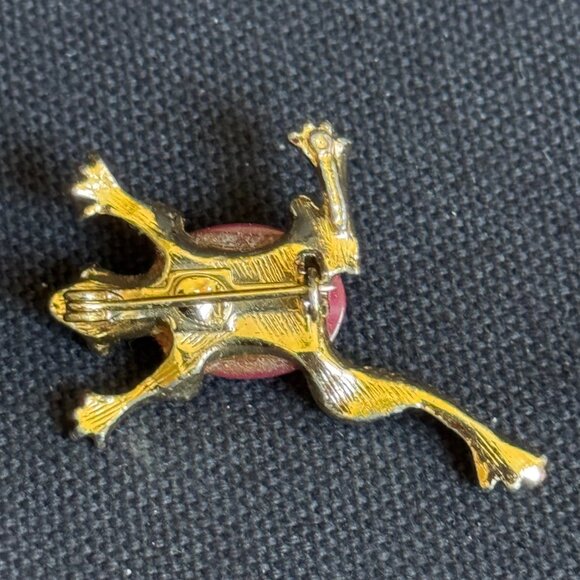 Gold-Tone Frog Brooch With Pink Stone Belly & Textured Finish - Picture 11 of 11